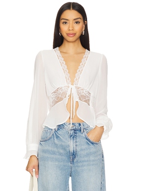 [春季新品]KAT THE LABEL白色蕾丝衬衫系带收腰长袖开衫REVOLVE