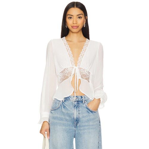 [春季新品]KAT THE LABEL白色蕾丝衬衫系带收腰长袖开衫REVOLVE