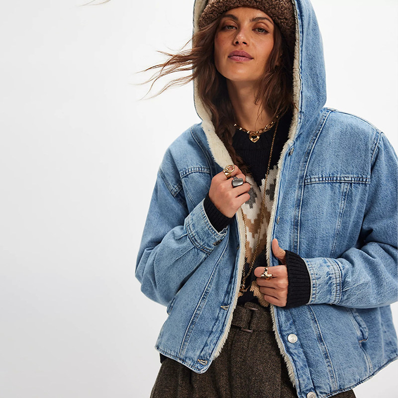 【海外直邮】Free People 牛仔外套保暖羊羔绒连帽棉服REVOLVE