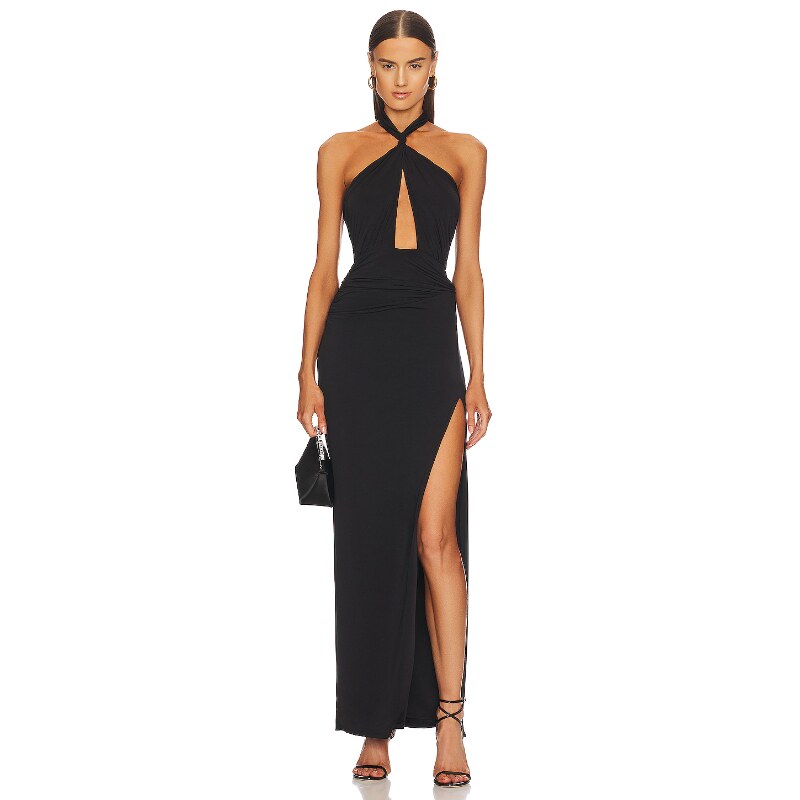 Michael Costello 挂脖露背性感针织连衣裙女黑色开叉长裙REVOLVE