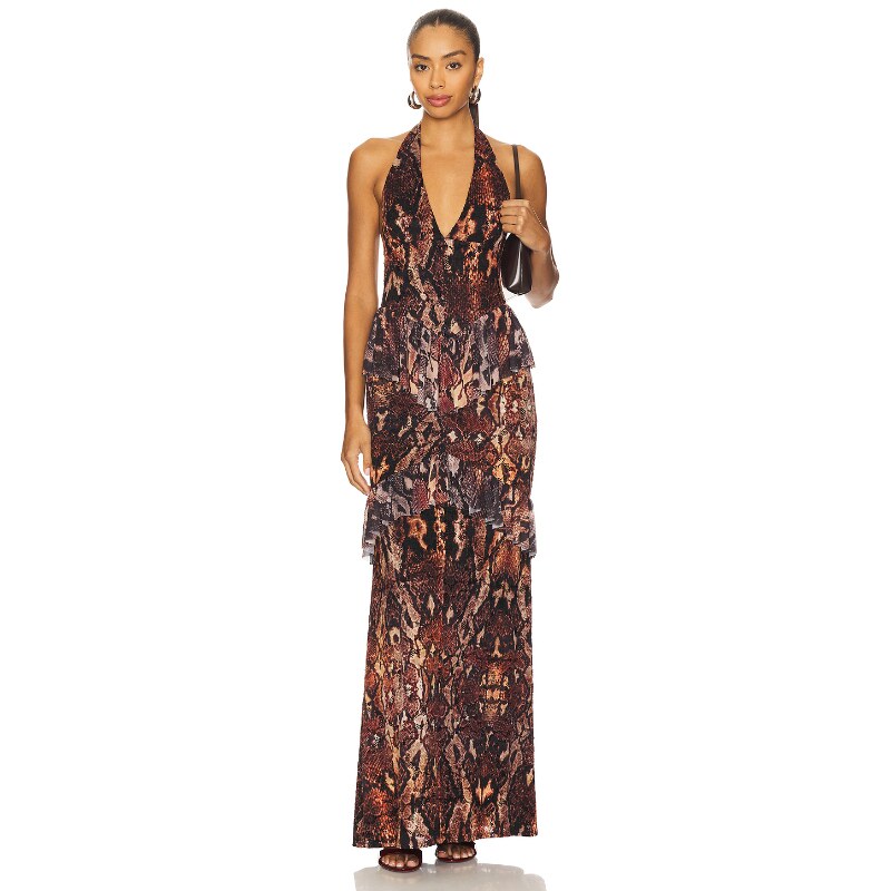 AFRM早秋新品棕色连衣裙印花挂脖丝绒复古风短款长裙REVOLVE