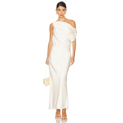 SNDYS CALISSA 长裙香槟色高级感缎面褶饰露肩连衣裙REVOLVE新款