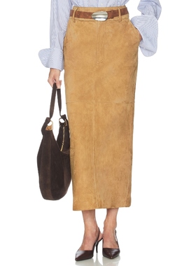 Helsa 长款半身裙美拉德棕黄色老钱风长裙REVOLVE小众新款