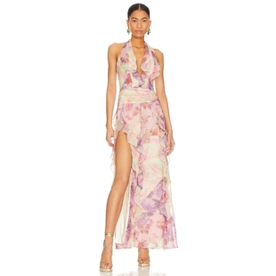 pizza大嫂同款NBD DIVYA 挂脖露背性感连衣裙女薄纱裙子REVOLVE