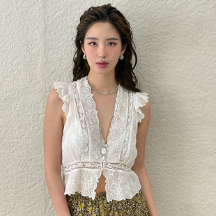杨采钰同款Free People白色荷叶边上衣蕾丝飞袖甜美风背心REVOLVE