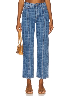 [冬季新品] Damson Madder美式风蓝色格纹阔腿牛仔裤REVOLVE