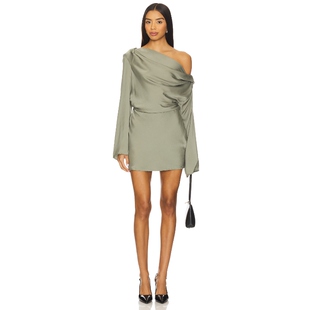 连衣裙斜肩修身 SNDYS灰绿色缎面长袖 短裙REVOLVE 店铺主推