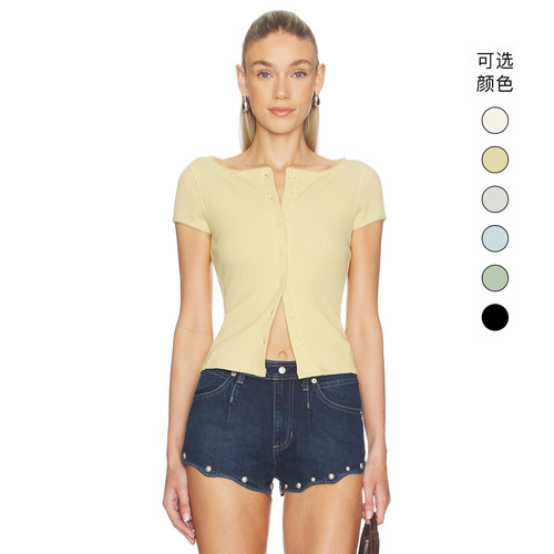 Free People 美式经典休闲黄色蕾丝短袖开衫上衣短袖 revolve