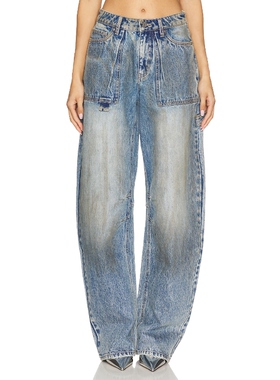 AFRM 牛仔裤蓝色复古丹宁弯刀裤休闲宽松做旧长裤REVOLVE小众新款