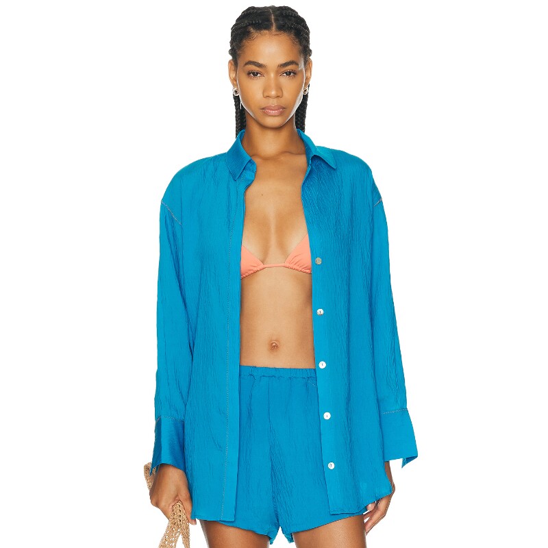 Vix Swimwear蓝色上装翻领纽扣度假风早秋新品宽松衬衫REVOLVE