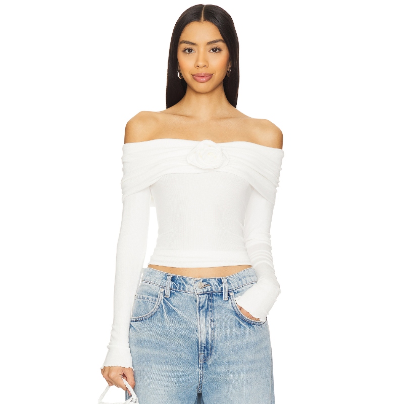 Lovers and Friends 一字肩白色花朵装饰静奢风长袖上衣REVOLVE