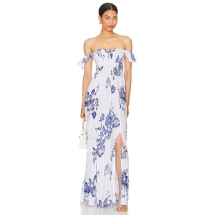 Hollie Maxi Hawaii Tiare Dress一字肩印花开叉连衣裙revolve