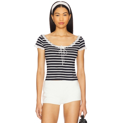 [春季新品]For Love & Lemons 黑白条纹蕾丝边短袖T恤上衣REVOLVE