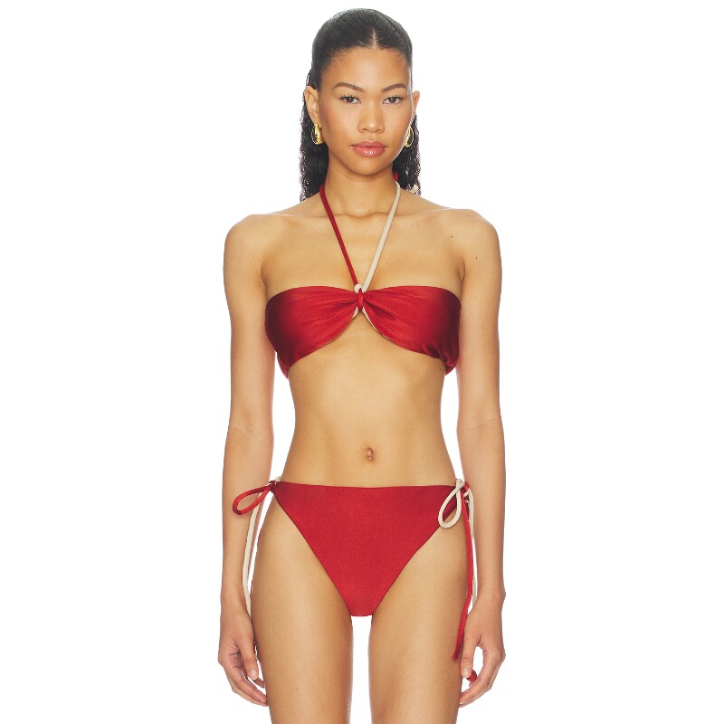 Nau Bikinis辣妹红色早秋挂脖绑带蝴蝶结撞色比基尼内衣REVOLVE