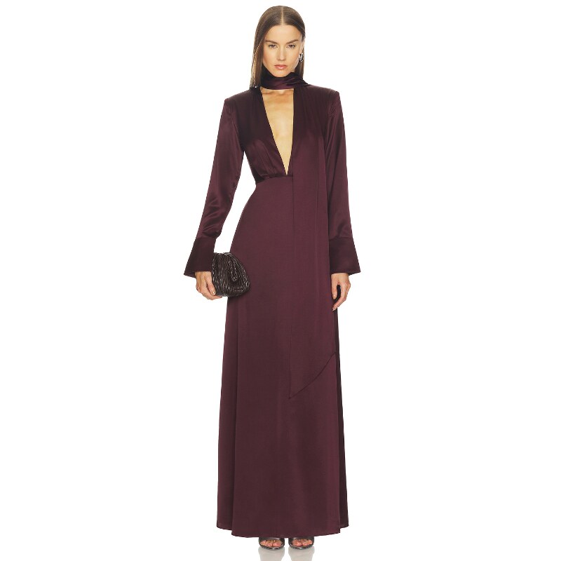 SRG长裙酒红色缎面V领挂脖设计收腰修身型晚宴礼服REVOLVE