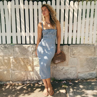 [冬季新品]Free People 蓝色格纹中长连衣裙复古风裙子REVOLVE