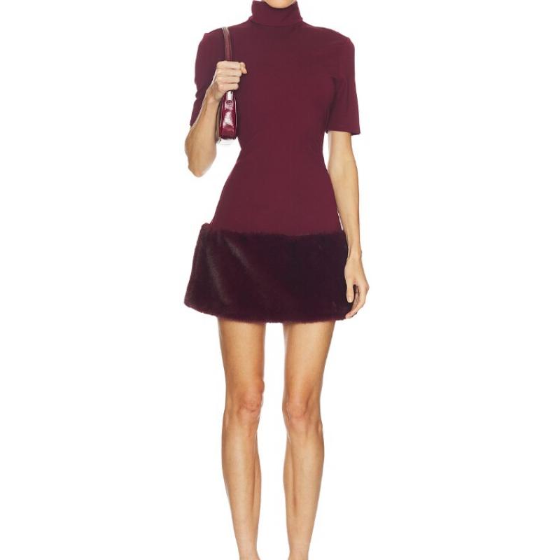 Camila Coelho早秋新品酒红色连衣裙高领优雅风迷你裙REVOLVE