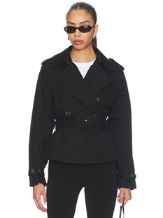 Good American黑色收腰短款风衣极简风翻领双排扣夹克REVOLVE