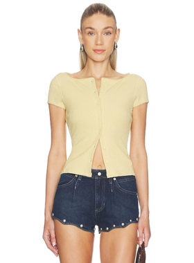 Free People 美式经典百搭黄色蕾丝短袖开衫上衣短袖 revolve