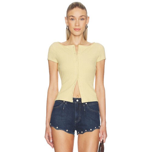 Free People 美式经典百搭黄色蕾丝短袖开衫上衣短袖 revolve