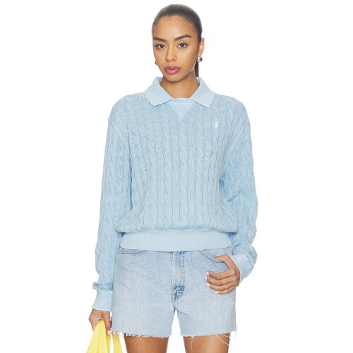 Polo Ralph Lauren秋冬浅蓝色针织上衣翻领长袖Polo通勤风REVOLVE