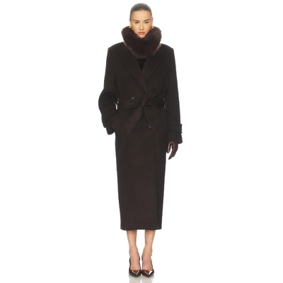Helsa 大毛领收腰长款大衣 巧克力色 高级感静奢风老钱风REVOLVE