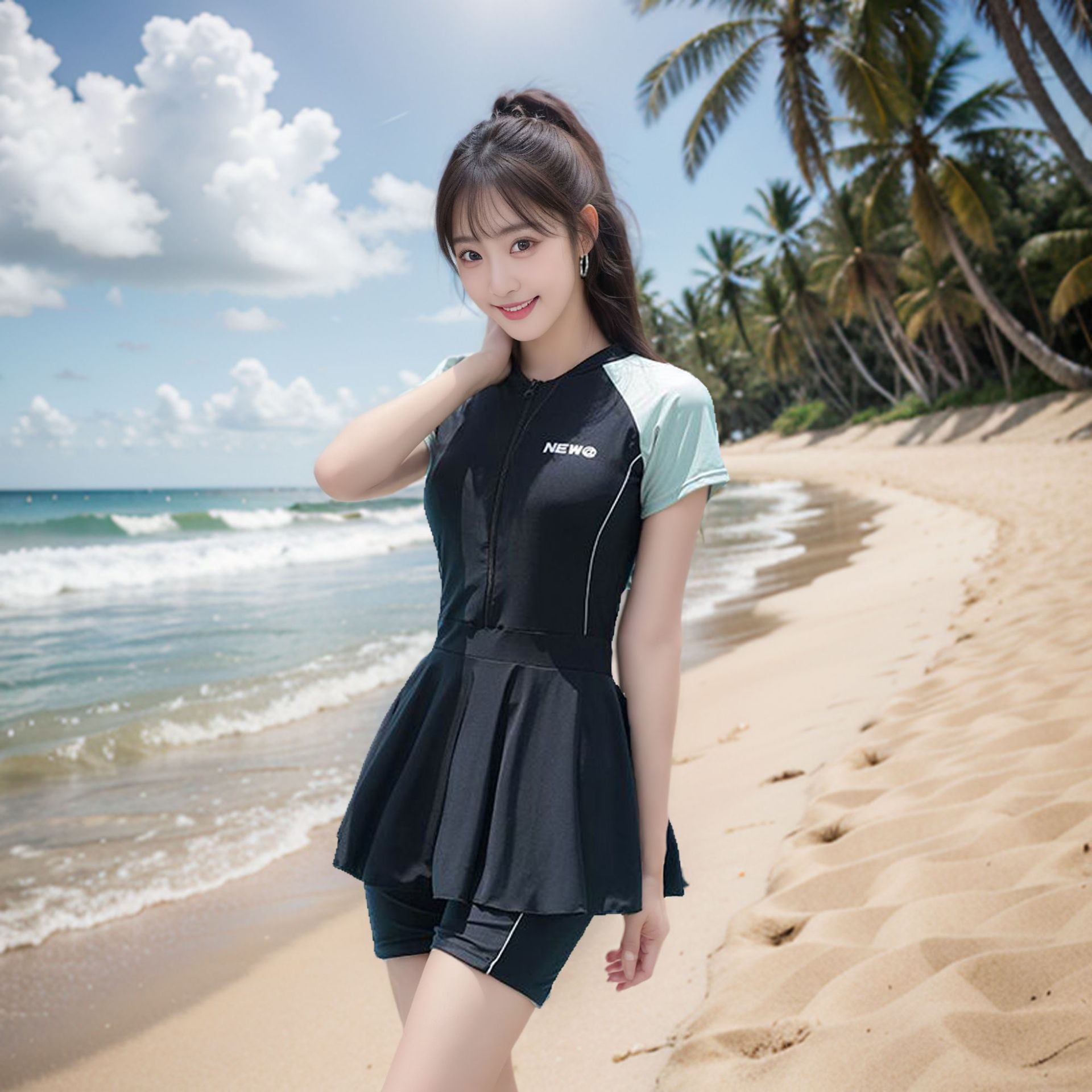 女士泳衣夏季时尚韩版拼色运动遮肉显瘦连体裙式保守海边度假泳装