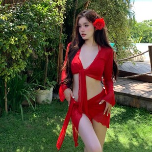 温泉度假游泳装 复古红网纱比基尼分体泳衣女纯欲辣妹系带长袖 罩衫