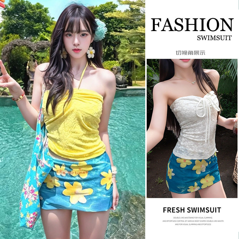 2026新款泳衣女分体比基尼三件套海边度假风套装法式抽绳抹胸温泉
