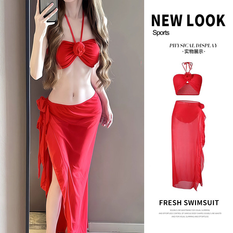 2026新款泳衣女大红色挂脖性感显瘦分体比基尼裙式高级感小胸温泉