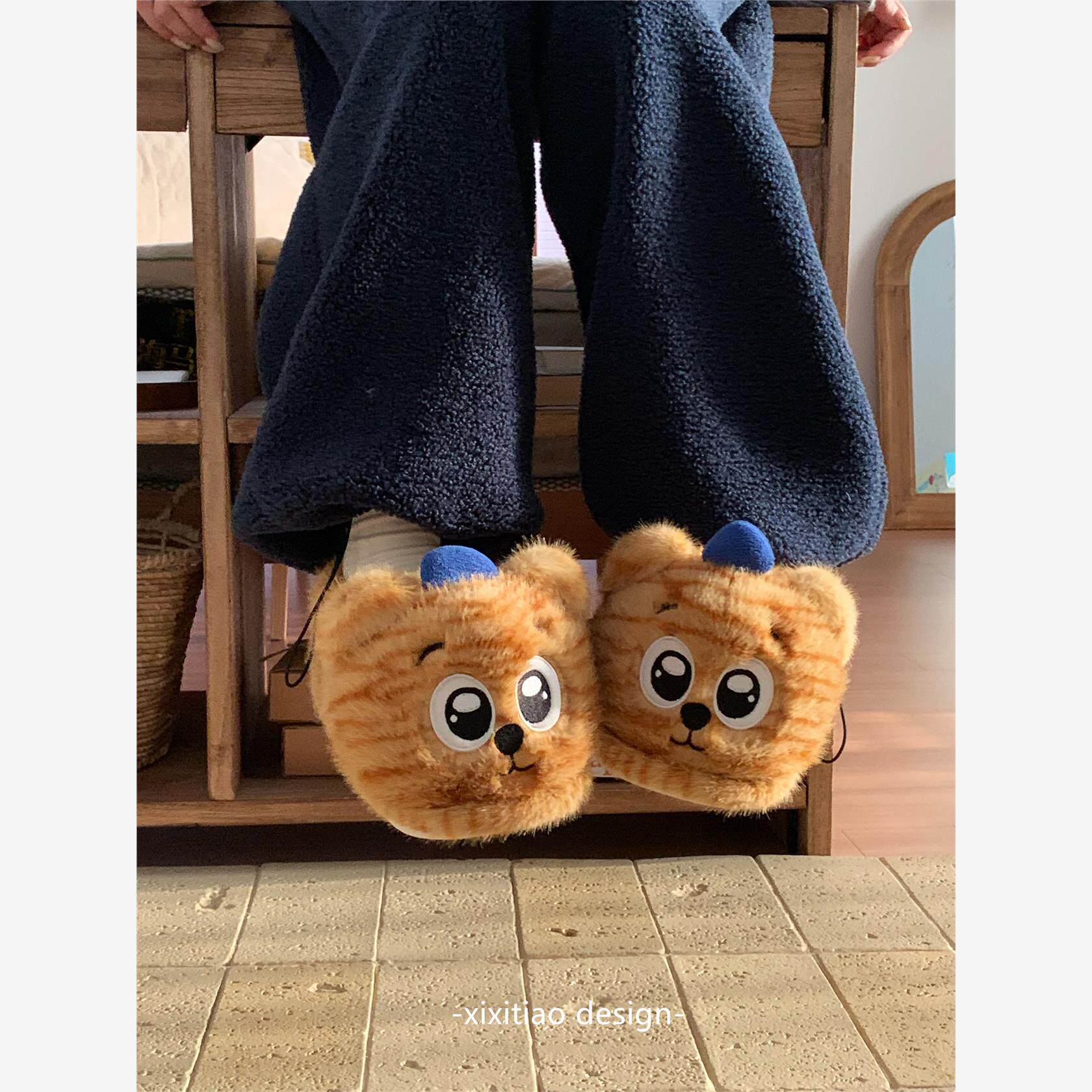 ins风可爱老虎毛毛鞋保暖防滑居家男女士时尚情侣冬季包跟棉拖鞋