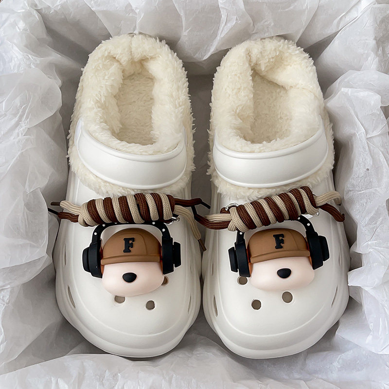 洞洞鞋女款冬季2026新款加绒加厚底增高踩屎感外穿毛绒包头棉拖鞋
