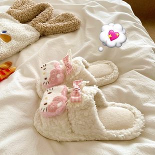 居家用保暖防滑棉拖鞋 冬季 女2026新款 可爱软甜kt猫蝴蝶结毛毛拖鞋