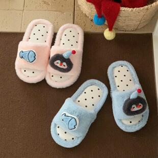 休闲学生秋冬家居鞋防滑一字女士可爱企鹅小鱼时尚轻便毛毛棉拖鞋