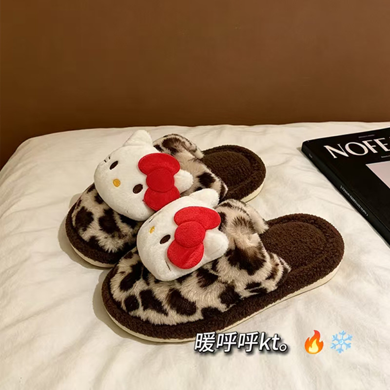 软乎乎kt猫~!豹纹棉拖鞋