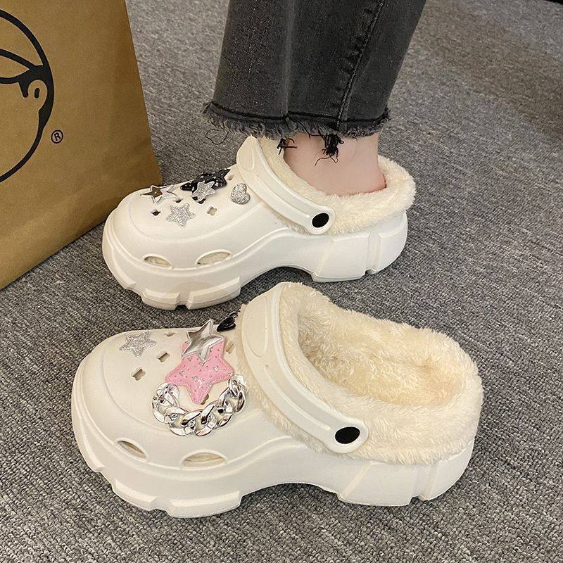 8.0加绒洞洞鞋女款2026新款包跟冬季外穿增高厚底保暖棉拖鞋女士