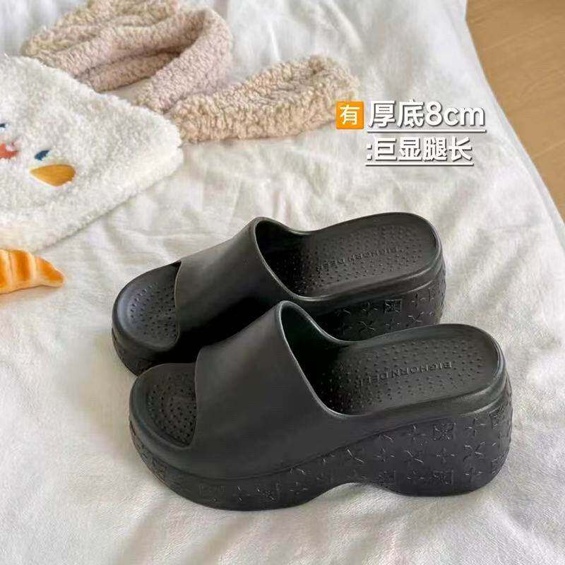 8cm厚底坡跟一字凉拖鞋女小个子增高外穿防滑夏季ins黑色潮流沙滩