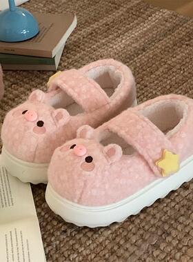 舒适新款加绒魔术贴lo鞋防滑可爱软萌小猪豆豆鞋女冬厚底时尚棉鞋