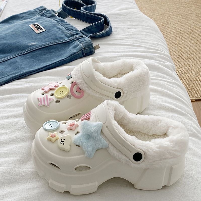 2026新款冬季加绒可拆卸洞洞鞋女少女高跟可爱学生防滑棉拖鞋冬季