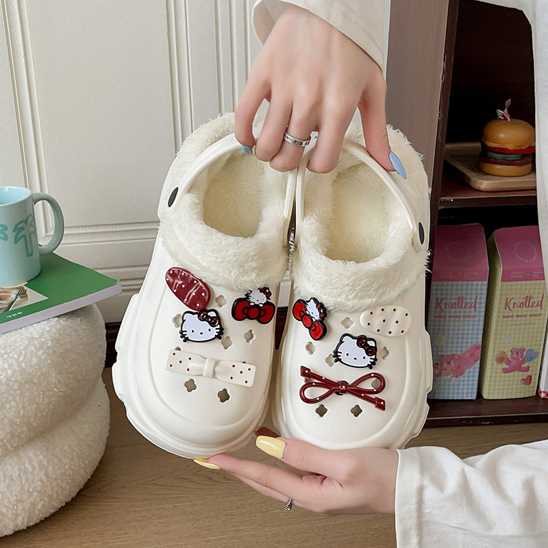 2026新款加绒儿童洞洞鞋女孩冬季外穿居家保暖厚底毛毛棉拖鞋女士