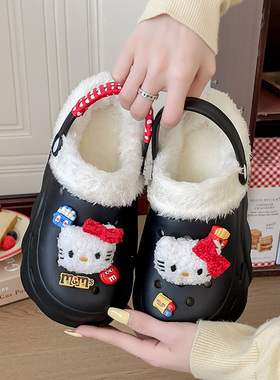 黑色加绒洞洞鞋女款2026新款冬季外穿厚底防滑增高保暖包跟棉拖鞋