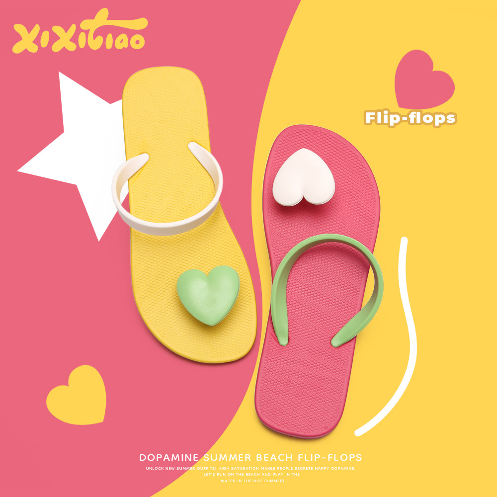 新款休闲女夏学生海边凉拖鞋平底网红防滑夹脚韩系爱心星星人字拖