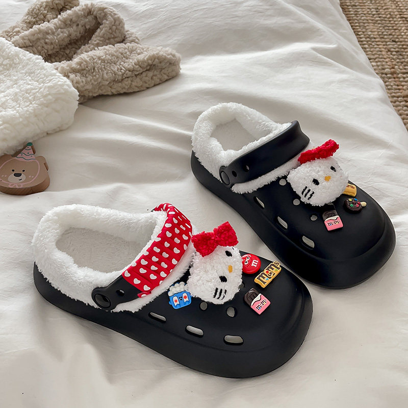 哈喽KT猫加绒洞洞鞋女款冬季外穿防滑软底2026新款居家保暖棉拖鞋