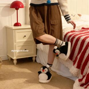 学生百搭ins冬季防滑毛毛鞋软萌帽子企鹅软底新款保暖棉拖鞋女士