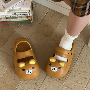 女 软萌小熊沙滩凉拖鞋 海边度假防滑厚底玛丽珍包头洞洞鞋 防撞夏季
