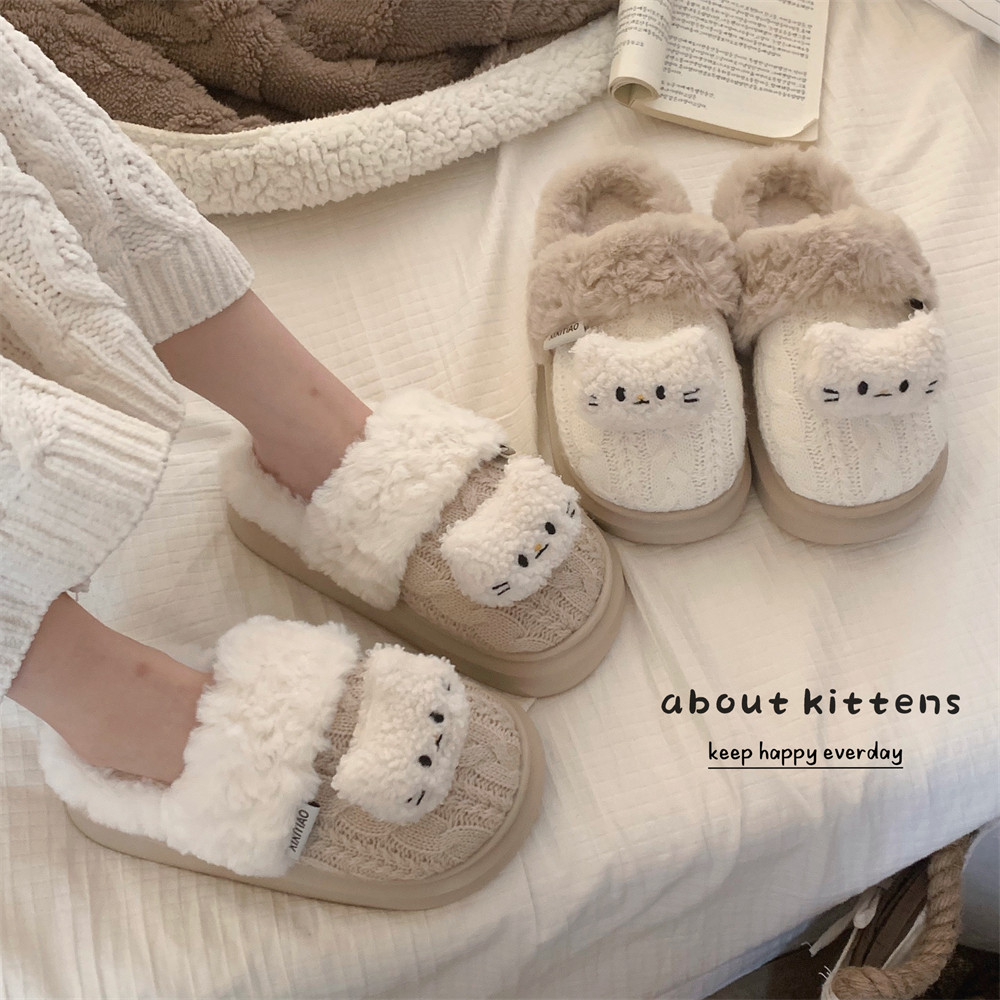 可爱小猫咪棉拖鞋女包跟防滑厚底保暖冬季厚底复古居家月子针织鞋