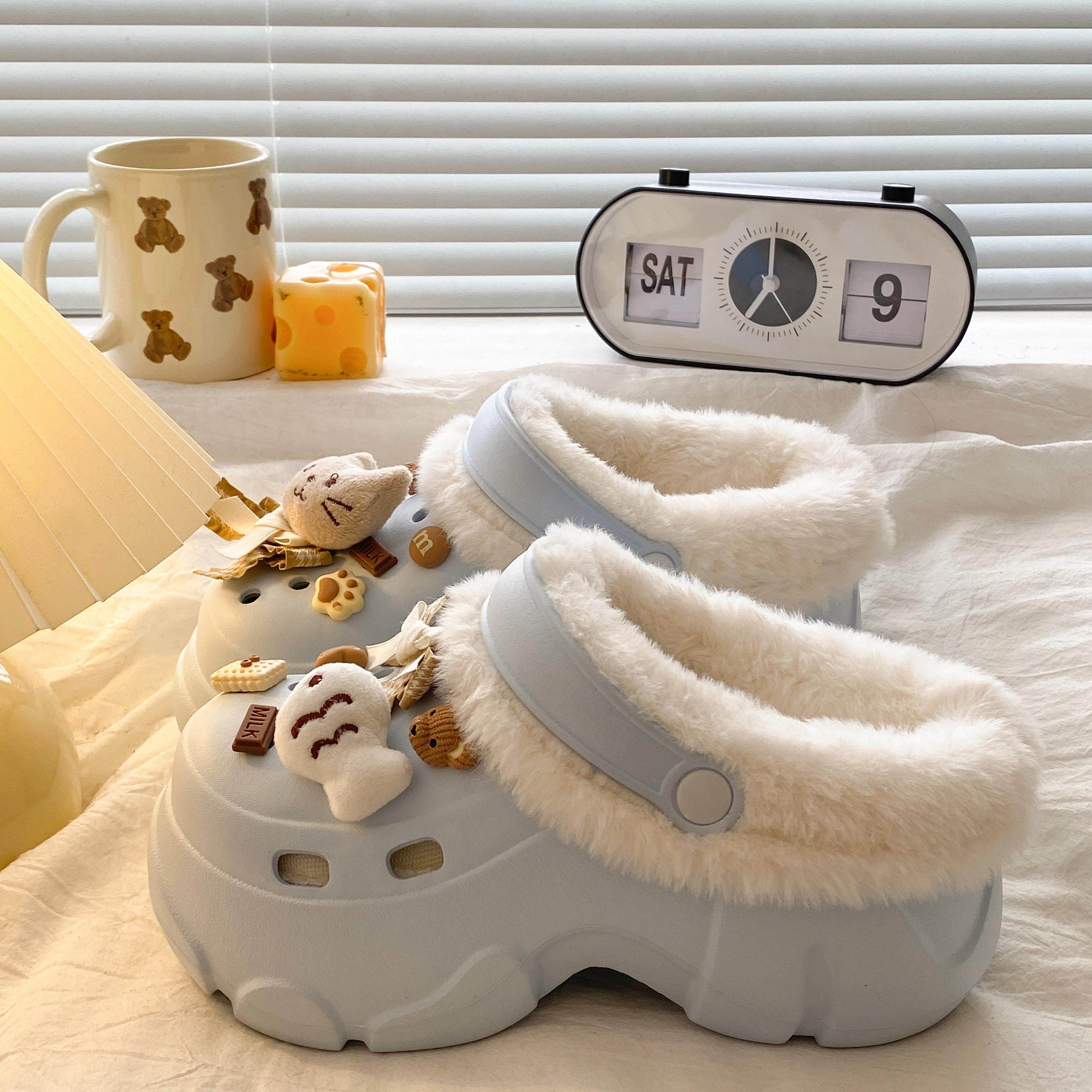 冬季防滑踩屎感半包跟保暖加绒毛毛外穿厚底学生棉拖鞋女2026新款