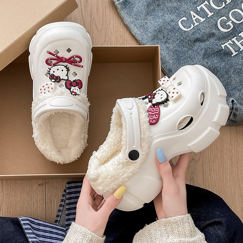 洞洞鞋女款冬季2026新款加绒加厚底增高踩屎感外穿毛绒包头棉拖鞋