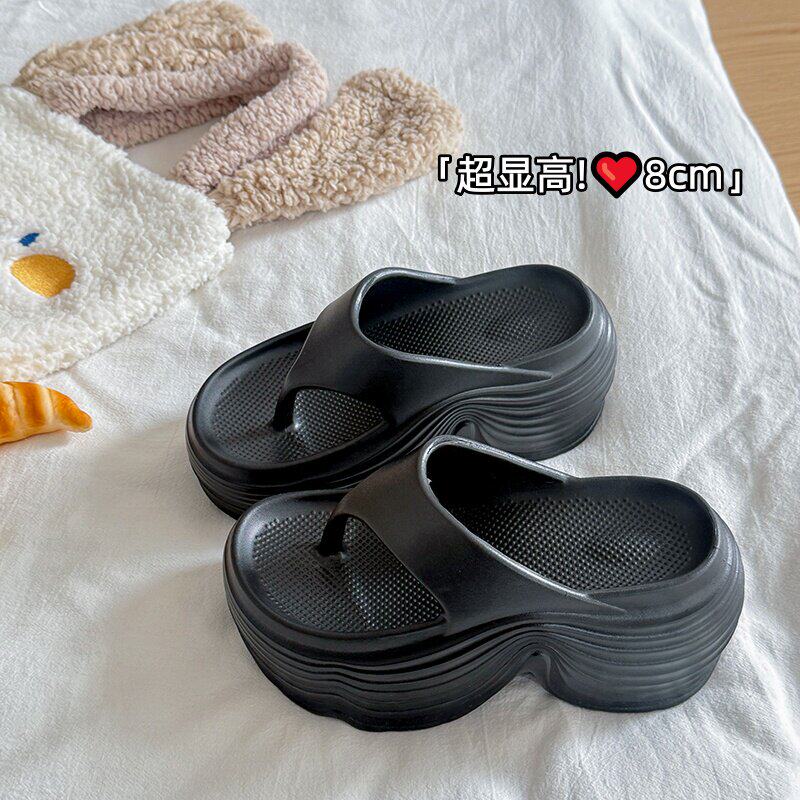 8cm松糕厚底人字拖女外穿防滑增高软底沙滩凉拖鞋休闲黑色夹脚鞋