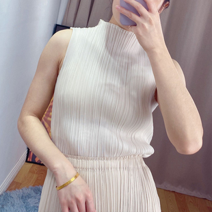 Pleated 三宅基本款 纯色背心褶皱T恤 Basic 显瘦上衣女 半高领修身